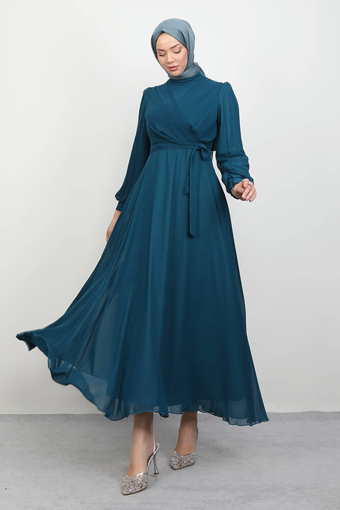 Önü Çapraz Şifon Elbise Petrol 