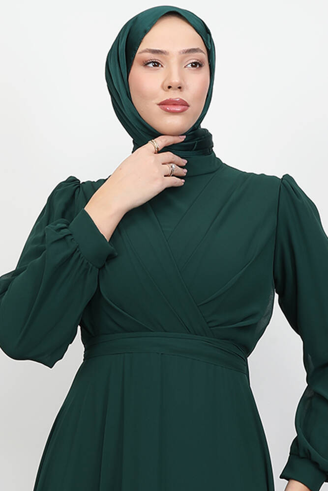 Önü Çapraz Şifon Elbise Zümrüt 