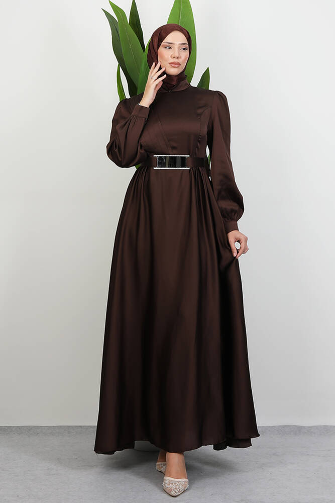 Önü Pileli Tesettür Abiye Acı Kahve - LAMİAGİYİM