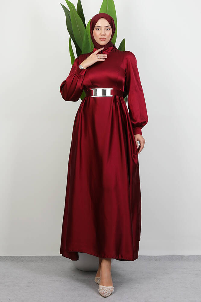 Önü Pileli Tesettür Abiye Bordo - LAMİAGİYİM