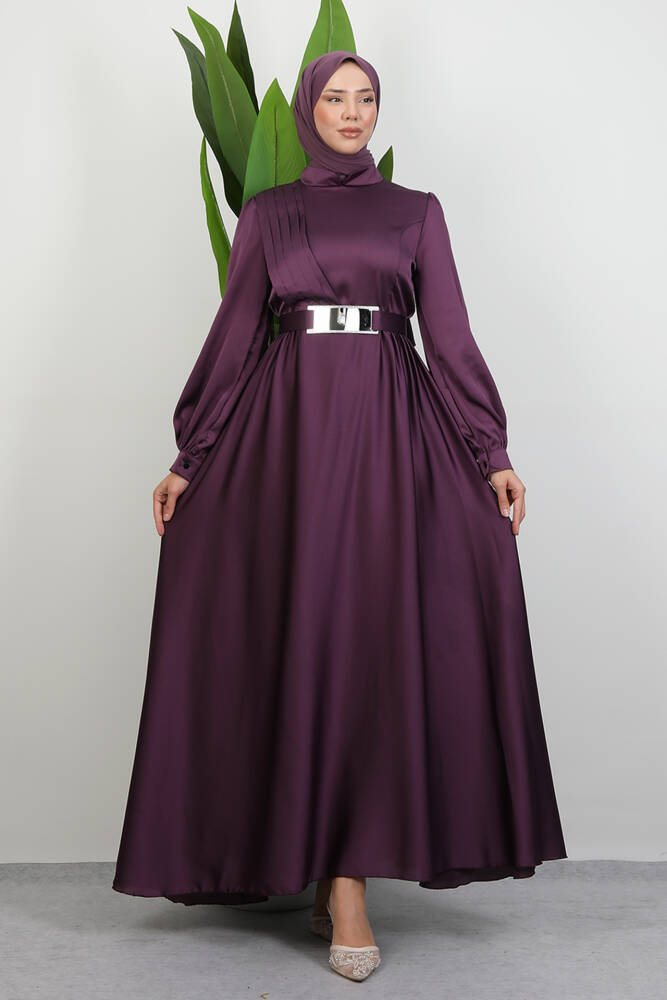 Önü Pileli Tesettür Abiye Eflatun - LAMİAGİYİM