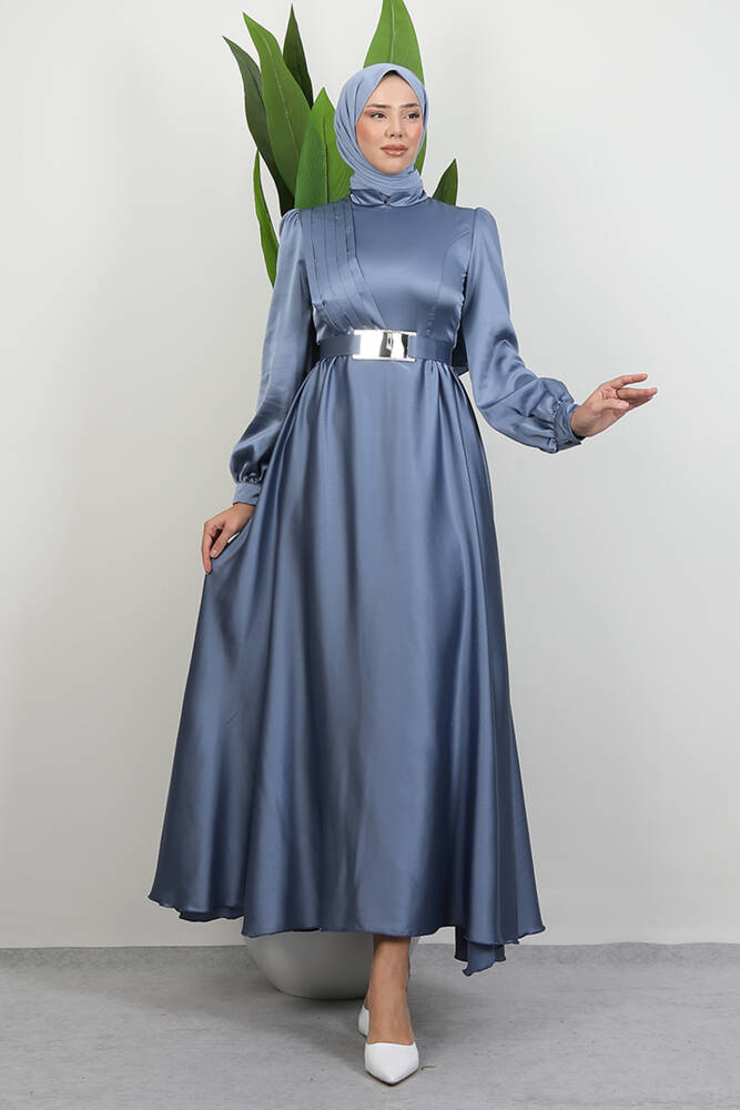 Önü Pileli Tesettür Abiye Gri Mavi - LAMİAGİYİM