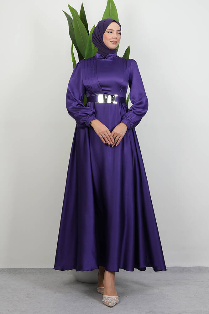 Önü Pileli Tesettür Abiye Mor - LAMİAGİYİM