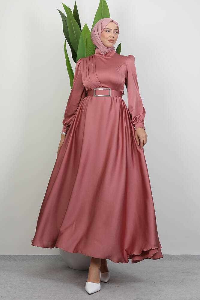 Önü Pileli Tesettür Abiye Pembe - LAMİAGİYİM