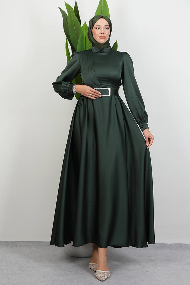 Önü Pileli Tesettür Abiye Zümrüt - LAMİAGİYİM