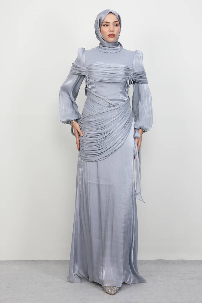 Örgü Detay Abiye Gri - LAMİAGİYİM