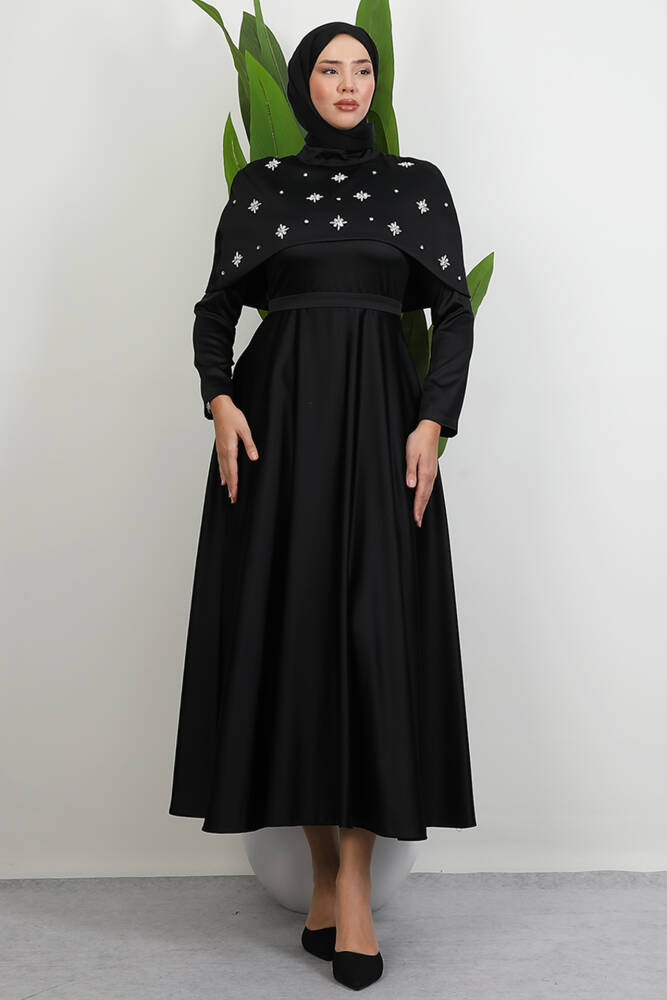 Pelerini Taşlı Elbise Siyah - LAMİAGİYİM