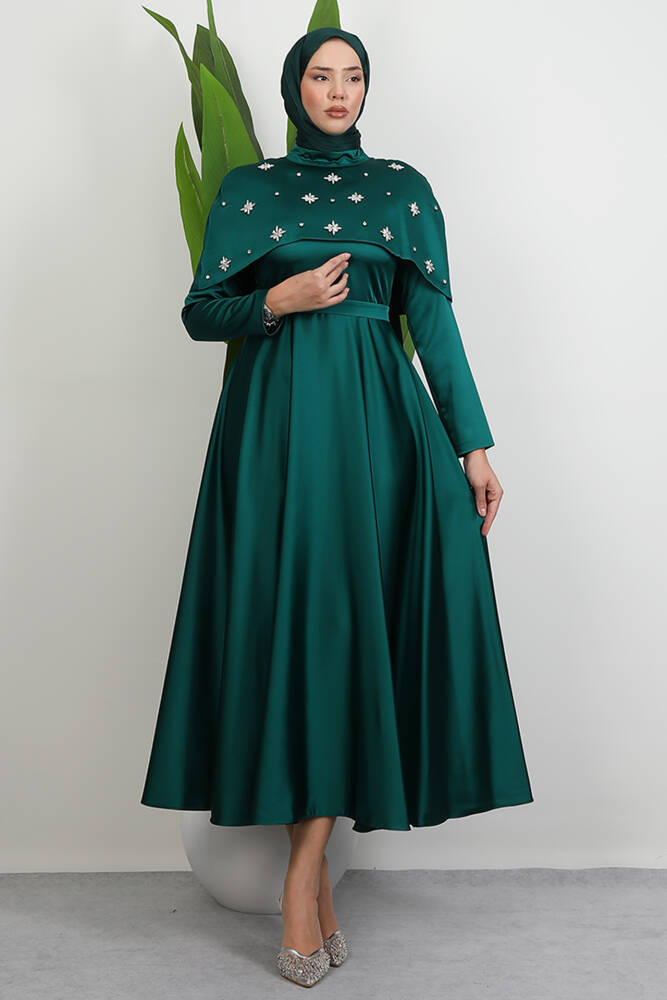Pelerini Taşlı Elbise Zümrüt - LAMİAGİYİM