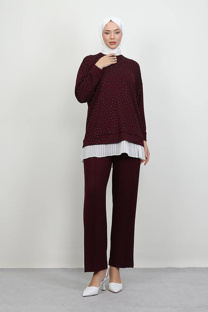 Pilise Detay Parıltı Takım Bordo - LAMİAGİYİM