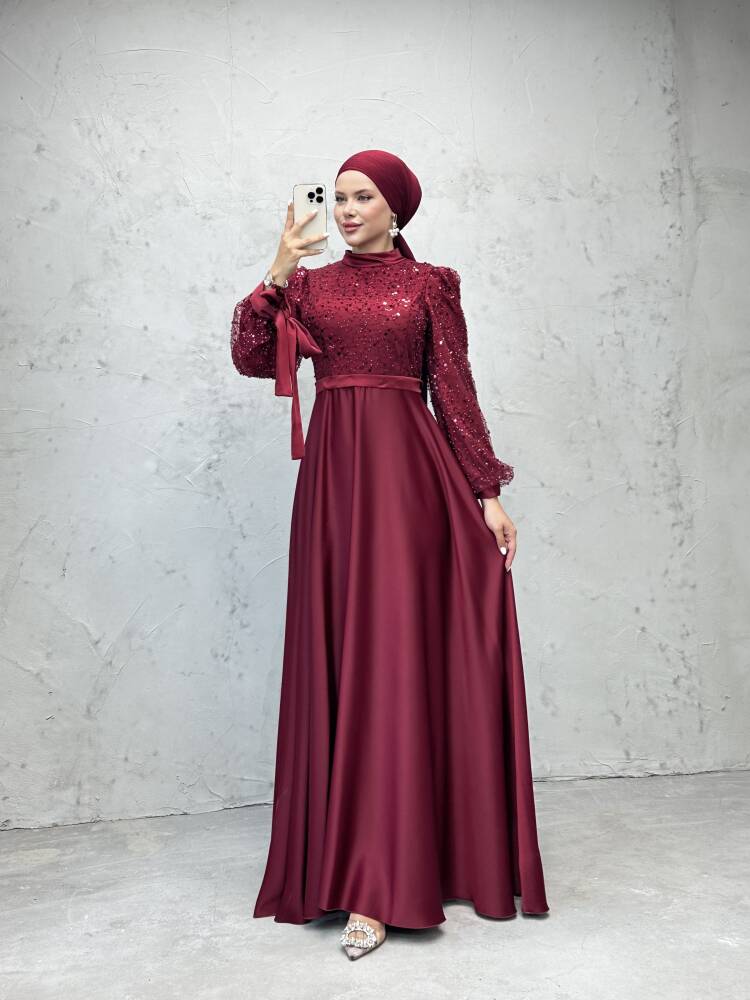 Pul Payet Detay Saten Abiye Bordo 