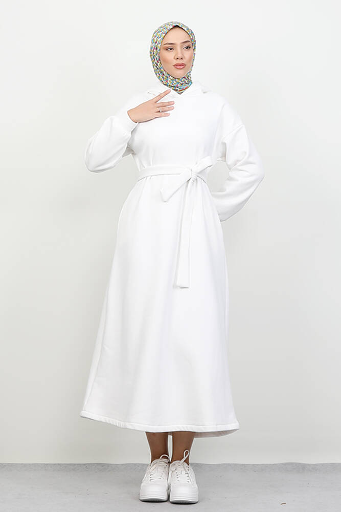 Şardonlu Cepli Elbise Beyaz - LAMİAGİYİM