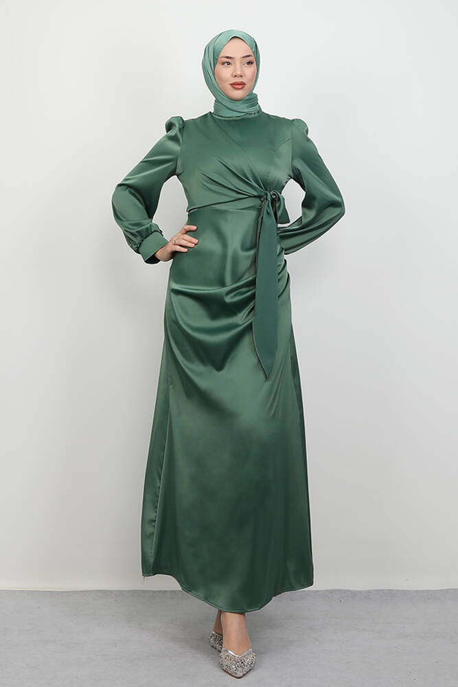 Saten Yan Kuşaklı Elbise Açık Yeşil 