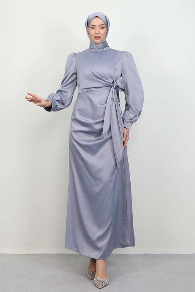 Saten Yan Kuşaklı Elbise Gri 