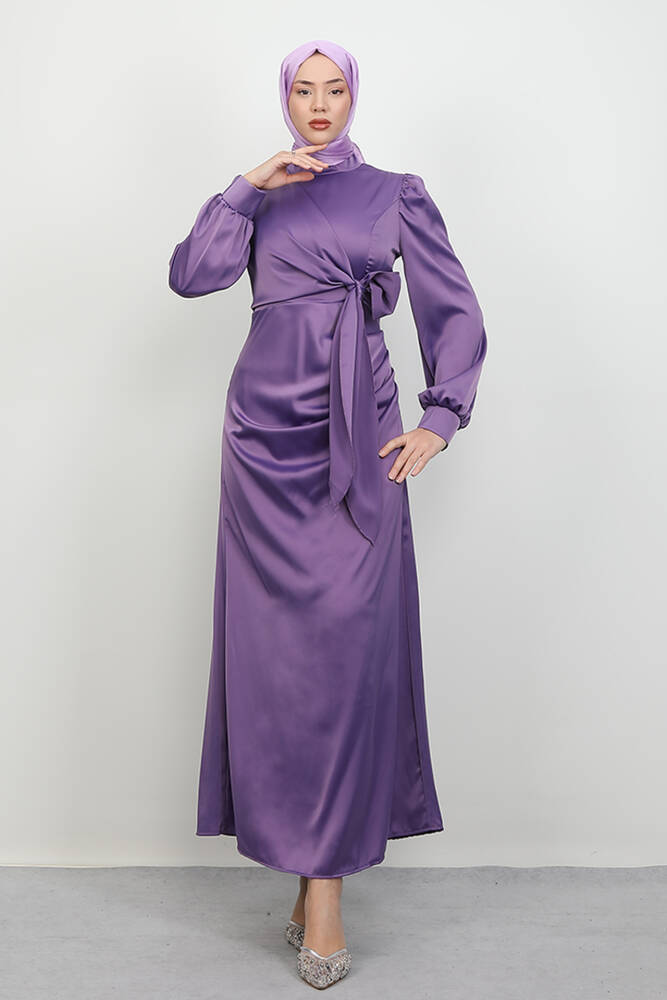 Saten Yan Kuşaklı Elbise Lila - LAMİAGİYİM