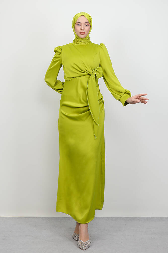 Saten Yan Kuşaklı Elbise Yağ Yeşil 