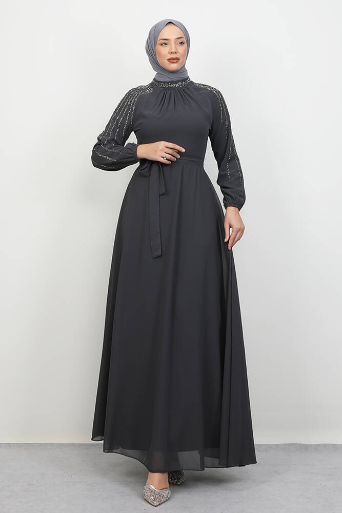 Semra Tesettür Elbise Koyu Gri - LAMİAGİYİM