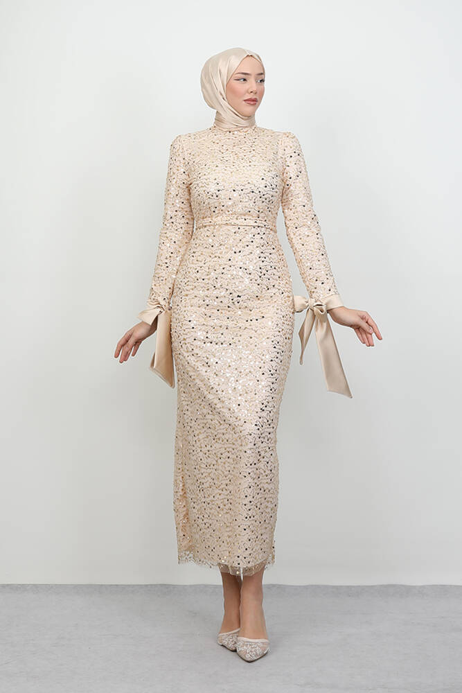 Sena Pullu Elbise Gold - LAMİAGİYİM