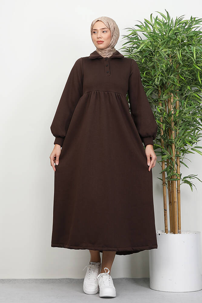 Şevval Düğmeli Elbise Acı Kahve - LAMİAGİYİM