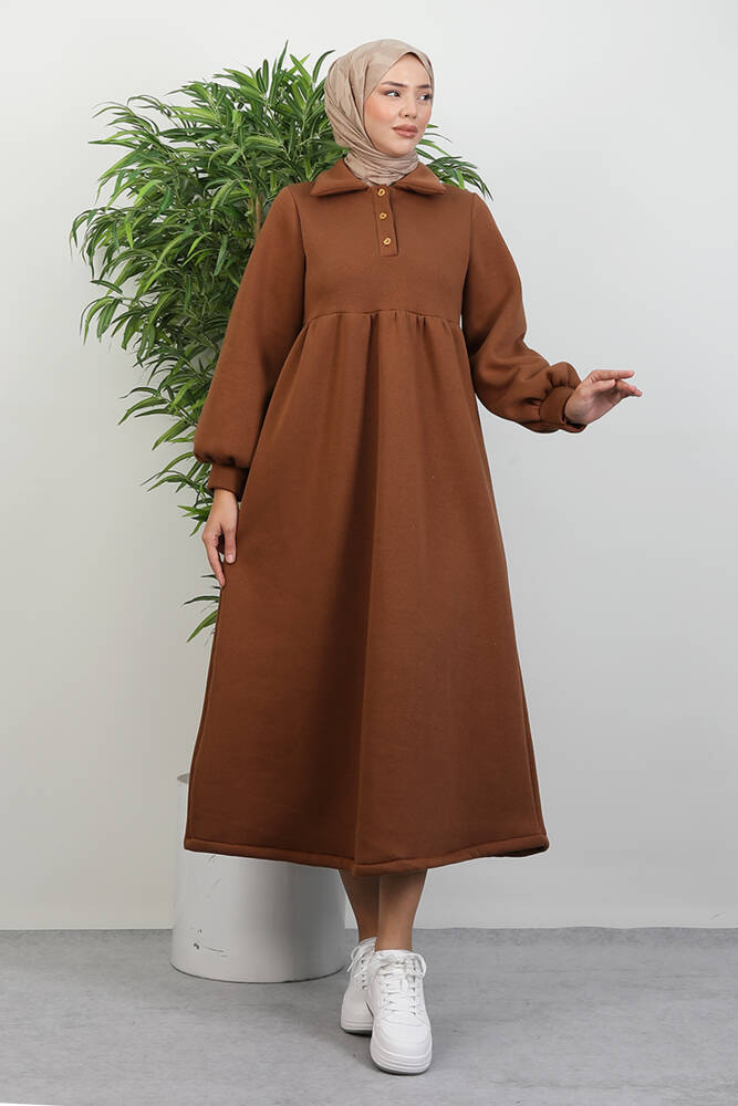 Şevval Düğmeli Elbise Açık Kahve - LAMİAGİYİM