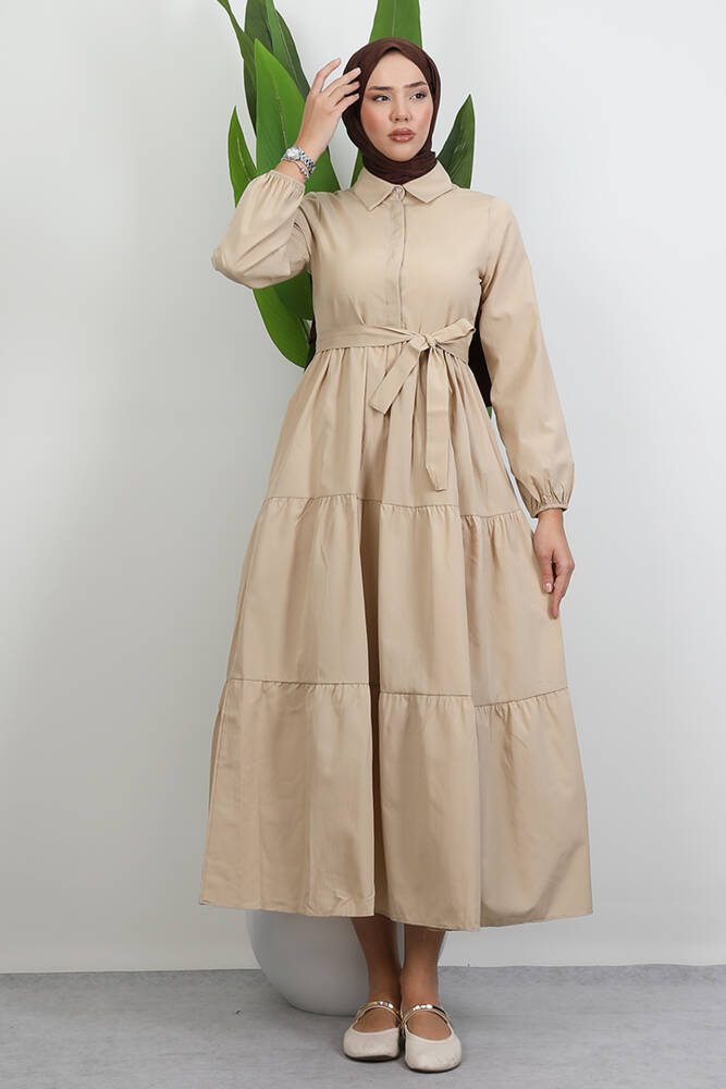 Standart Yaka Düğmeli Elbise Bej - LAMİAGİYİM
