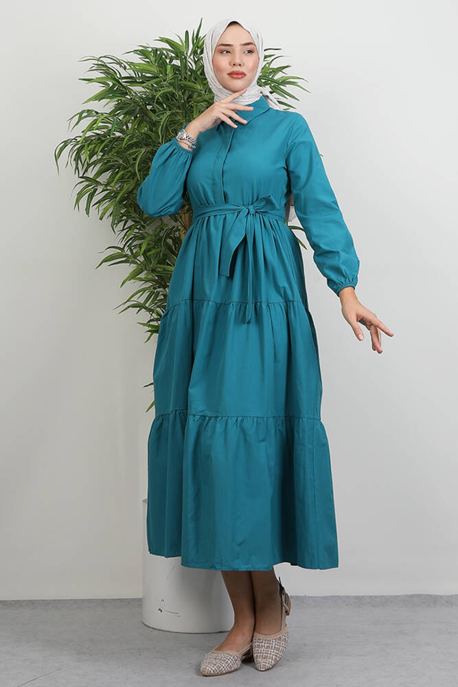 Standart Yaka Düğmeli Elbise Petrol Yeşil - LAMİAGİYİM