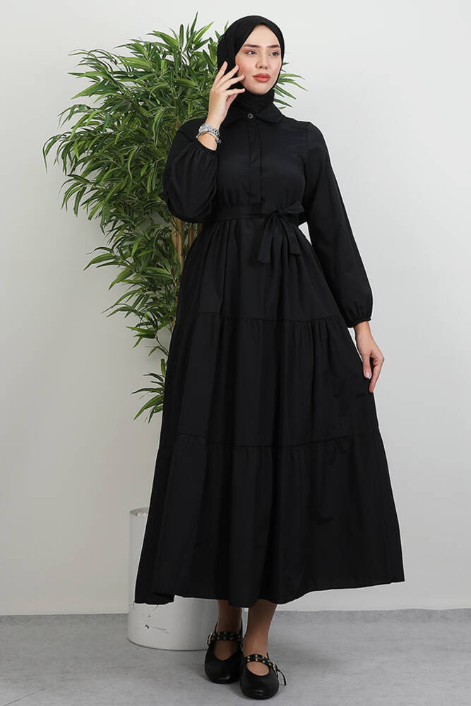 Standart Yaka Düğmeli Elbise Siyah - LAMİAGİYİM