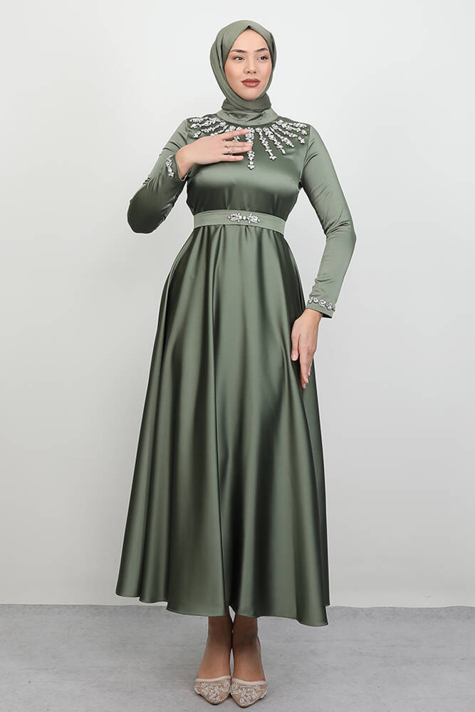Taş İşleme Detay Elbise Haki - LAMİAGİYİM