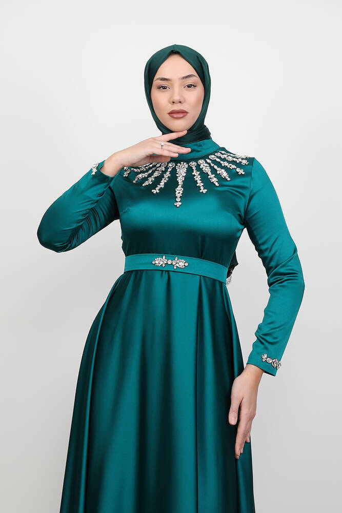 Taş İşleme Detay Elbise Zümrüt - LAMİAGİYİM