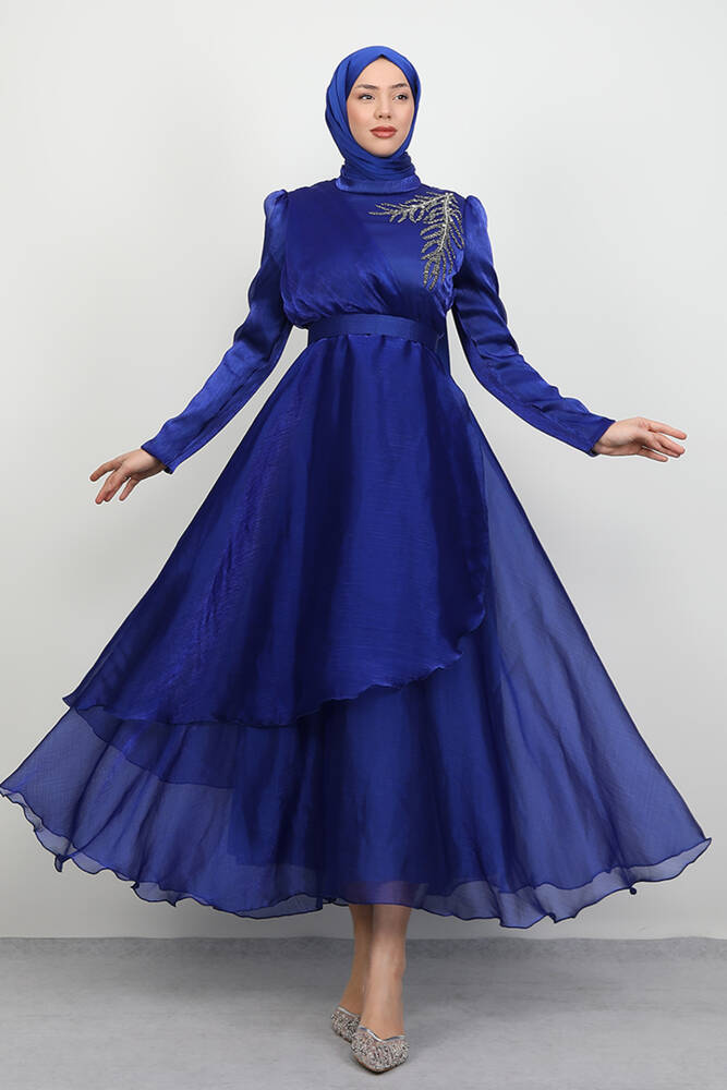 Taşlı Organze Abiye Gece Mavi - LAMİAGİYİM