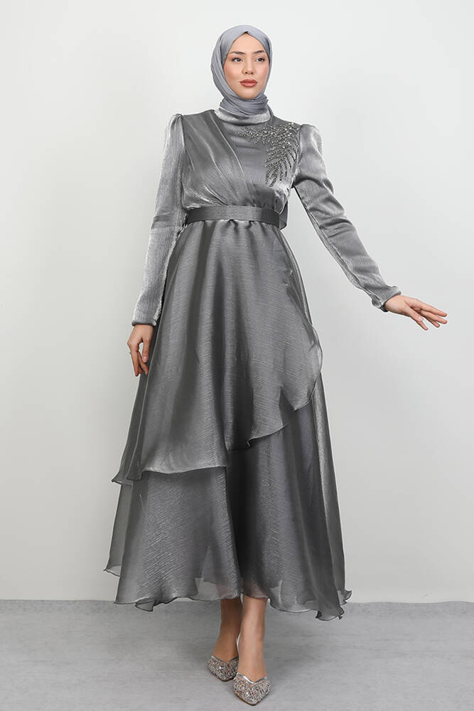 Taşlı Organze Abiye Koyu Gri - LAMİAGİYİM