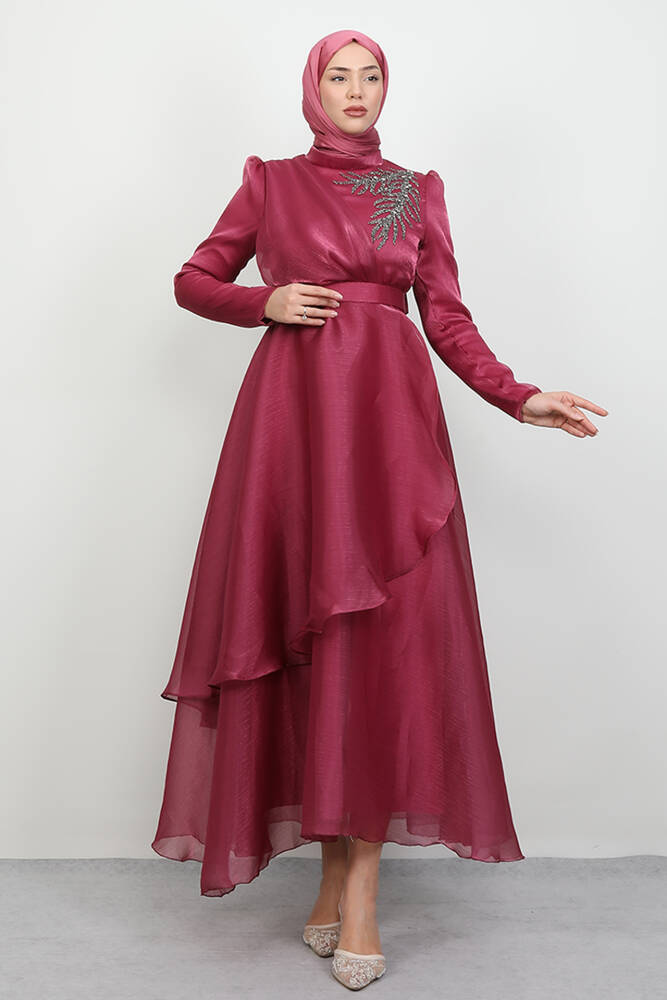 Taşlı Organze Abiye Koyu Pembe 