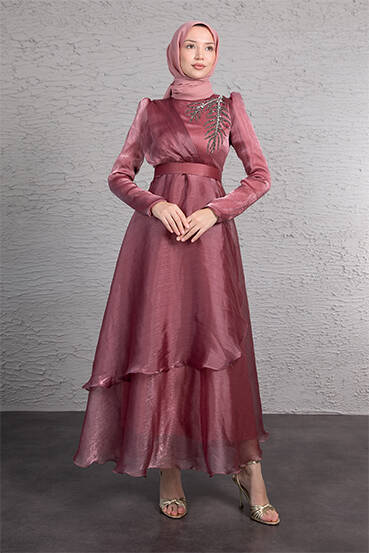 Taşlı Organze Abiye Koyu Pembe - LAMİAGİYİM