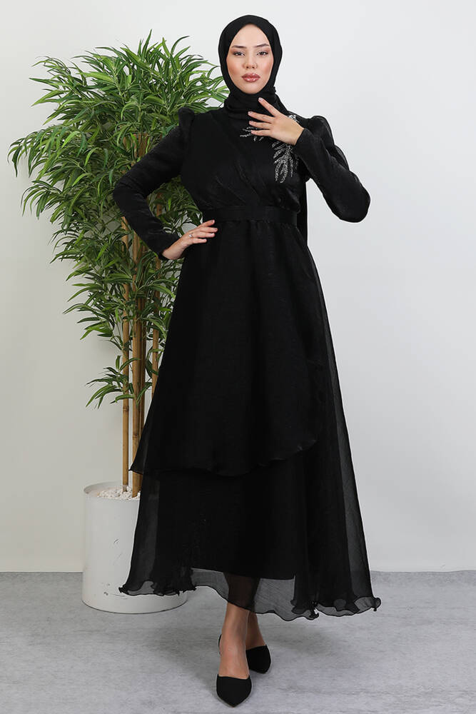 Taşlı Organze Abiye Siyah 