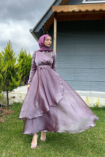 Taşlı Organze Abiye Soft Lila 