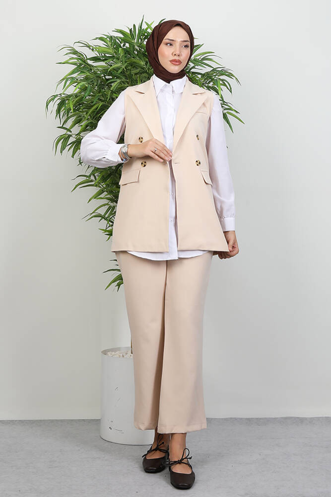 Tomris Yelekli Takım Krem - LAMİAGİYİM