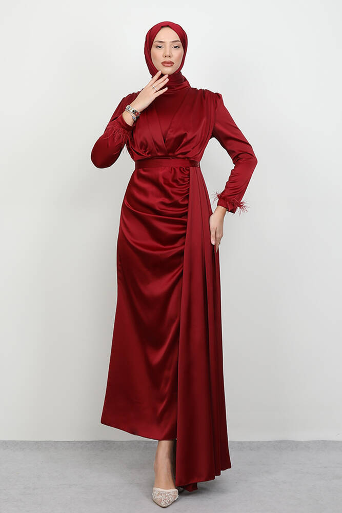 Tüylü Saten Tesettür Elbise Bordo 