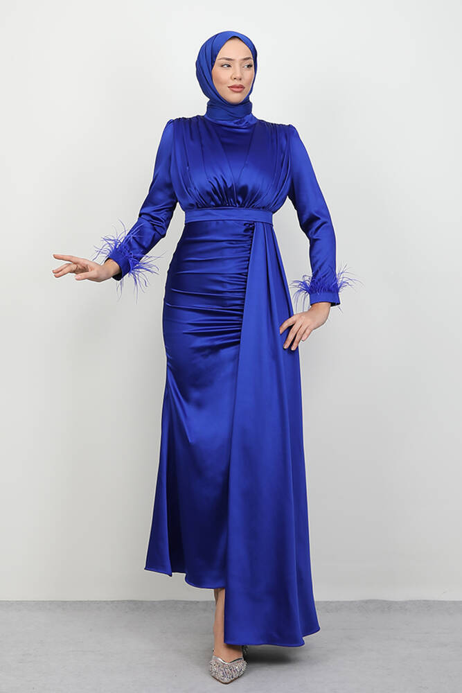 Tüylü Saten Tesettür Elbise Gece Mavi 