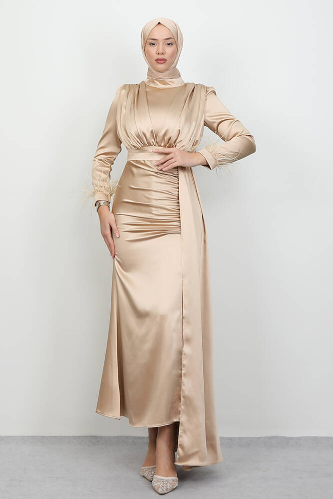 Tüylü Saten Tesettür Elbise Gold 