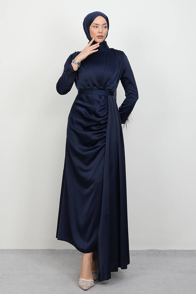 Tüylü Saten Tesettür Elbise Lacivert 