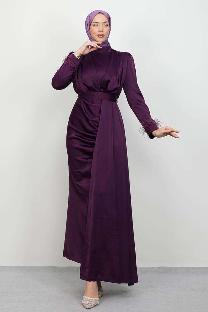 Tüylü Saten Tesettür Elbise Mor 