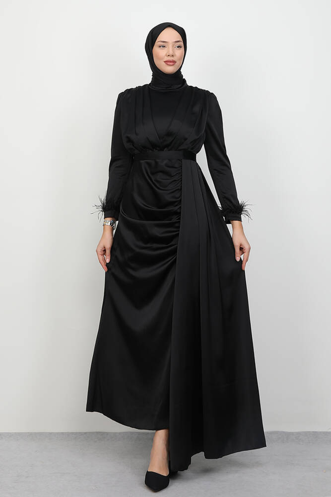 Tüylü Saten Tesettür Elbise Siyah 
