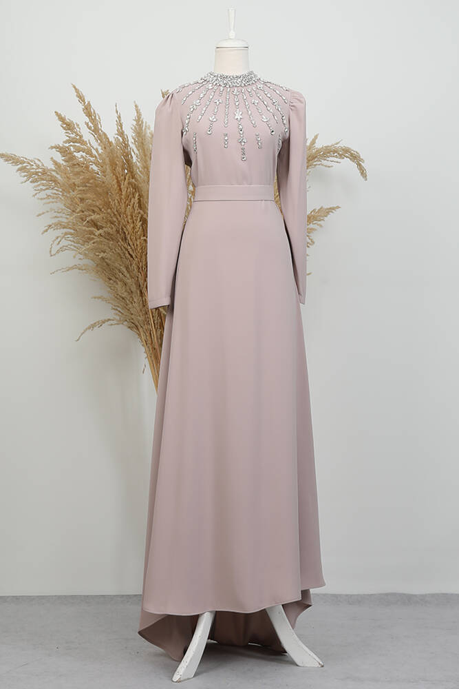 Yakası Taş İşlemeli Elbise Krem - LAMİAGİYİM