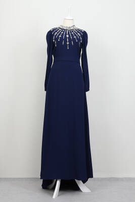 Yakası Taş İşlemeli Elbise Lacivert - LAMİAGİYİM