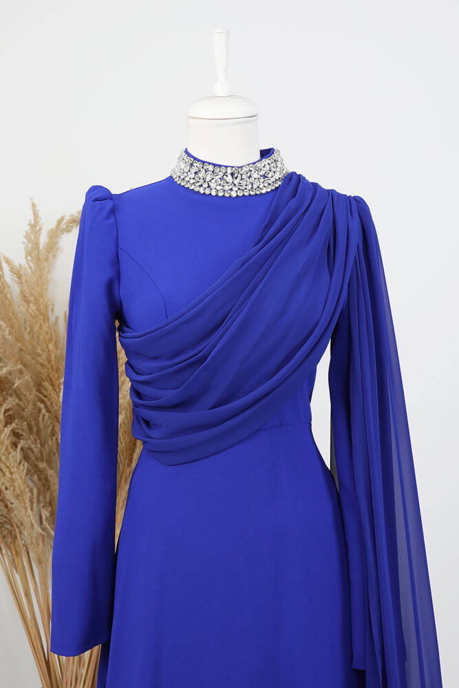 Yakası Taşlı Elbise Gece Mavi - LAMİAGİYİM