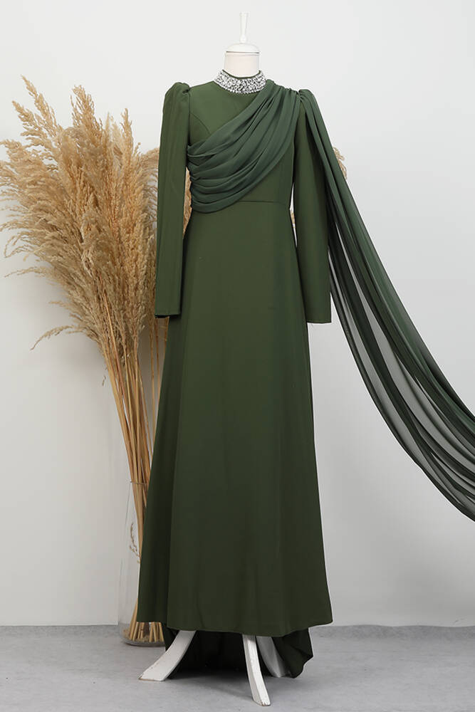 Yakası Taşlı Elbise Haki - LAMİAGİYİM