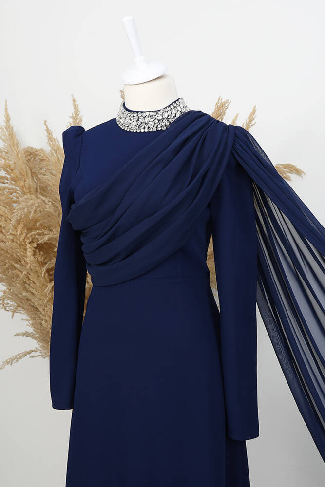 Yakası Taşlı Elbise Lacivert - LAMİAGİYİM