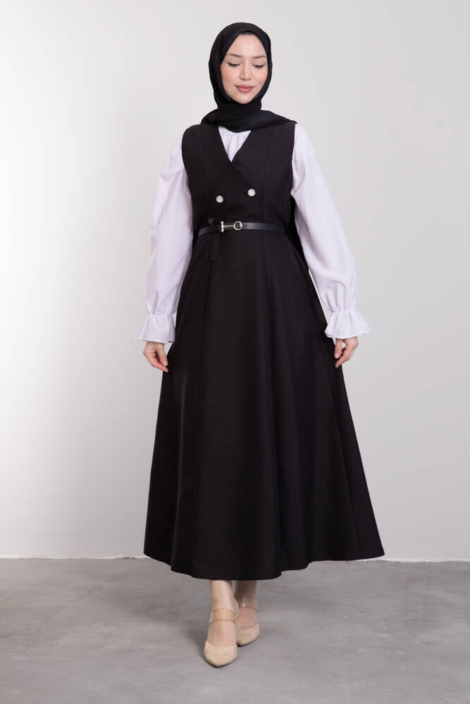 Yakası V Düğmeli Kemerli Elbise Siyah - LAMİAGİYİM