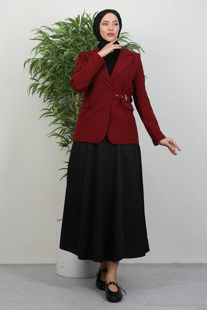 Yandan Kemerli Ceket Bordo 