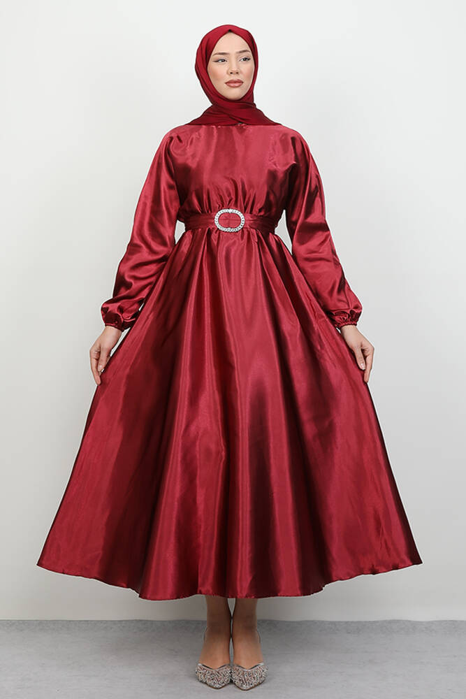 Zincir Motif Kuşaklı Elbise Bordo - LAMİAGİYİM