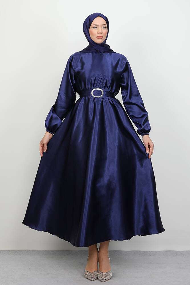 Zincir Motif Kuşaklı Elbise Lacivert - LAMİAGİYİM